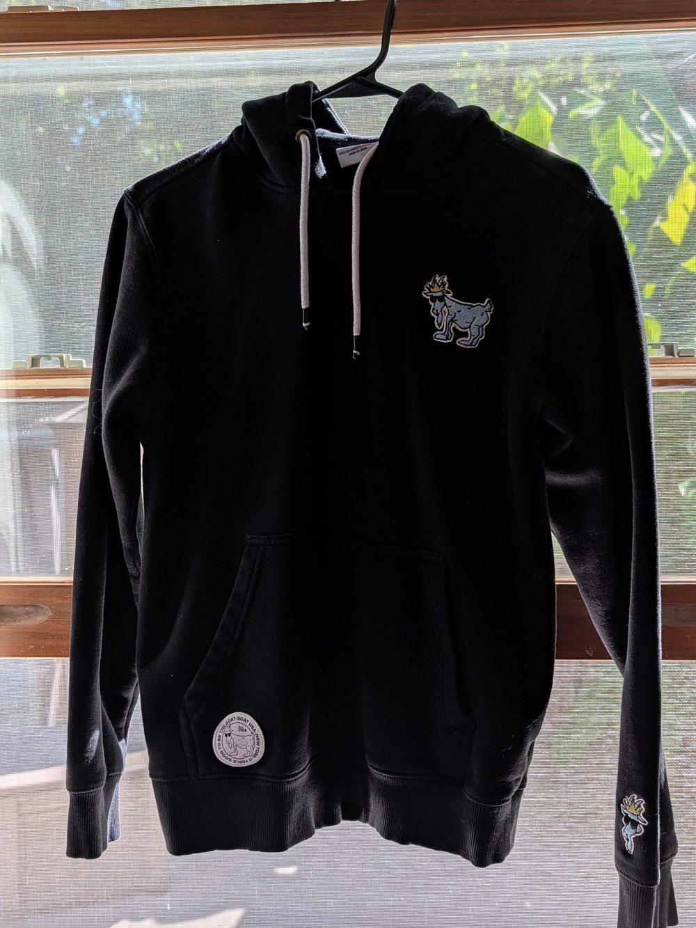 Black Pullover Hoodie with Goat Patch Logo Teen XS